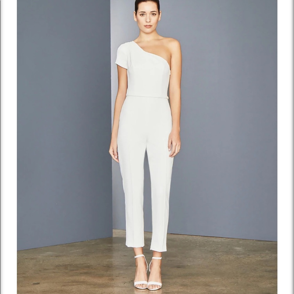 Amsale LW157 Crepe Tailored One Shoulder Silk White Formal Jumpsuit Size…